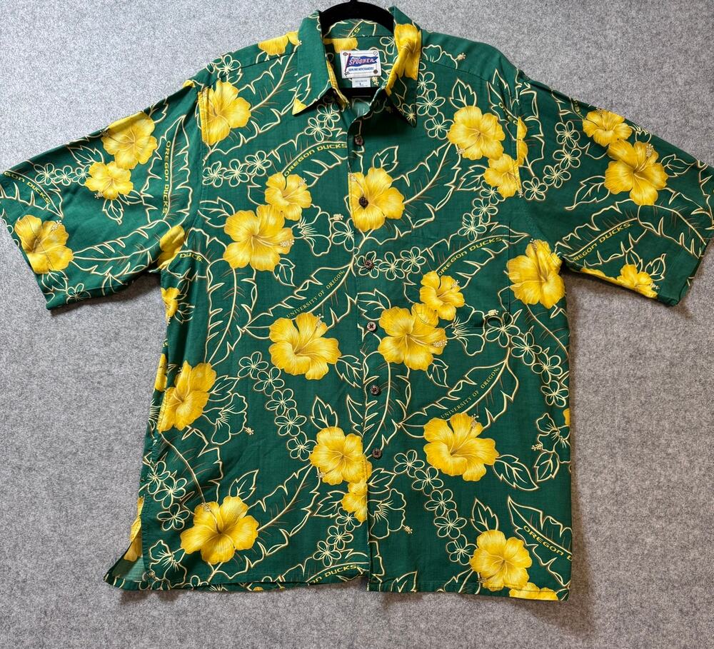 Reyn Spooner Oregon Ducks Hawaiian Aloha Shirt Large Rayon Floral